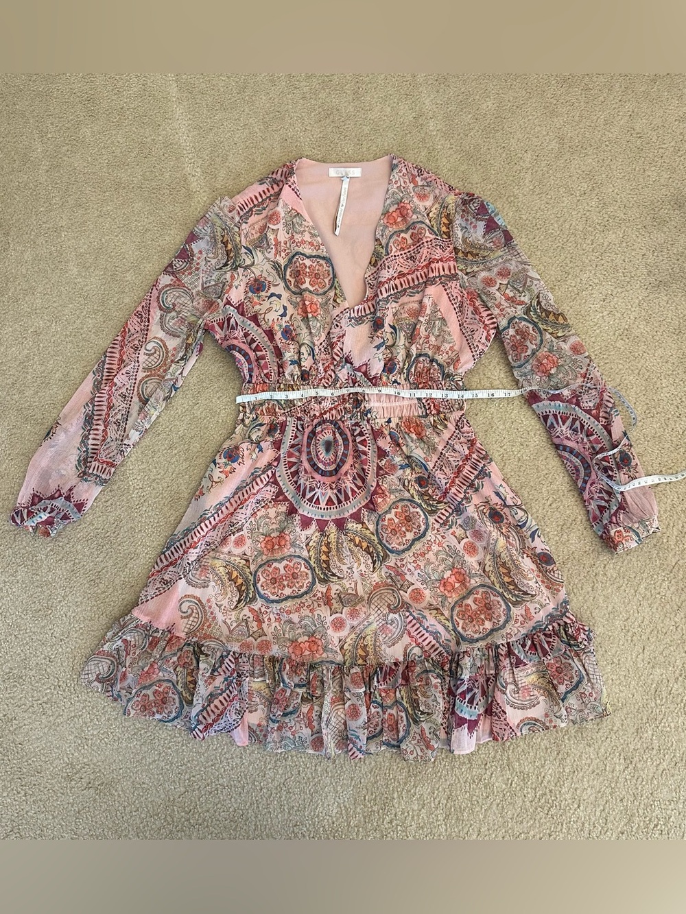 Guess Large Floral Pink and Cream V-Neck Long Sleeved Dress